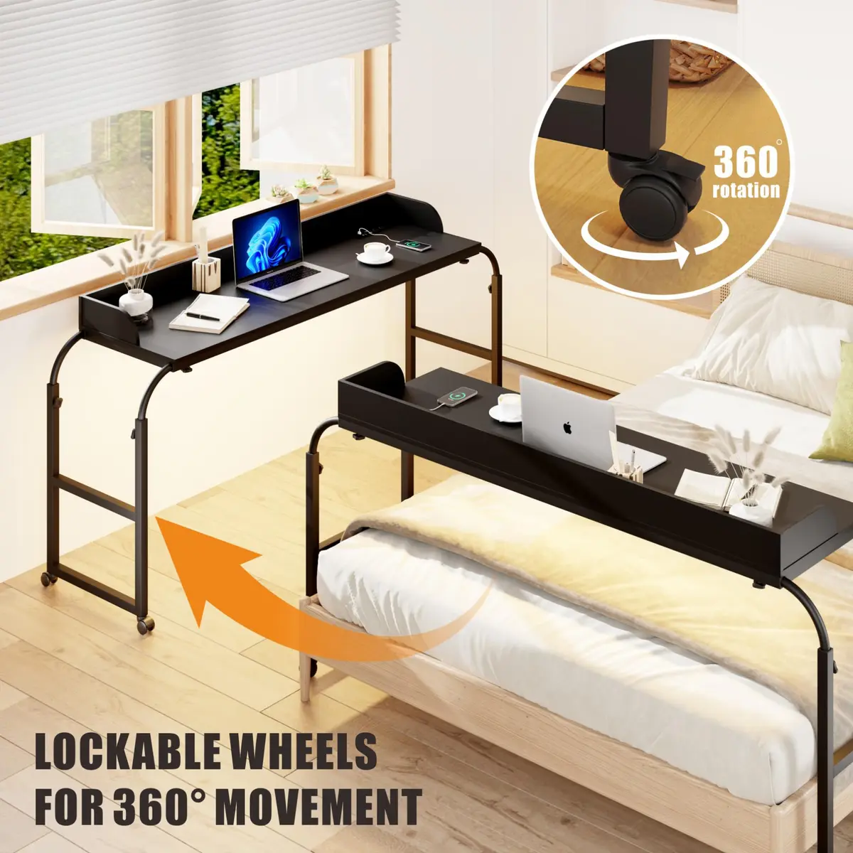 HWB Over Bed Desk with LED Light, Wheels & Charging Station | Adjustable Height, Black - view 4