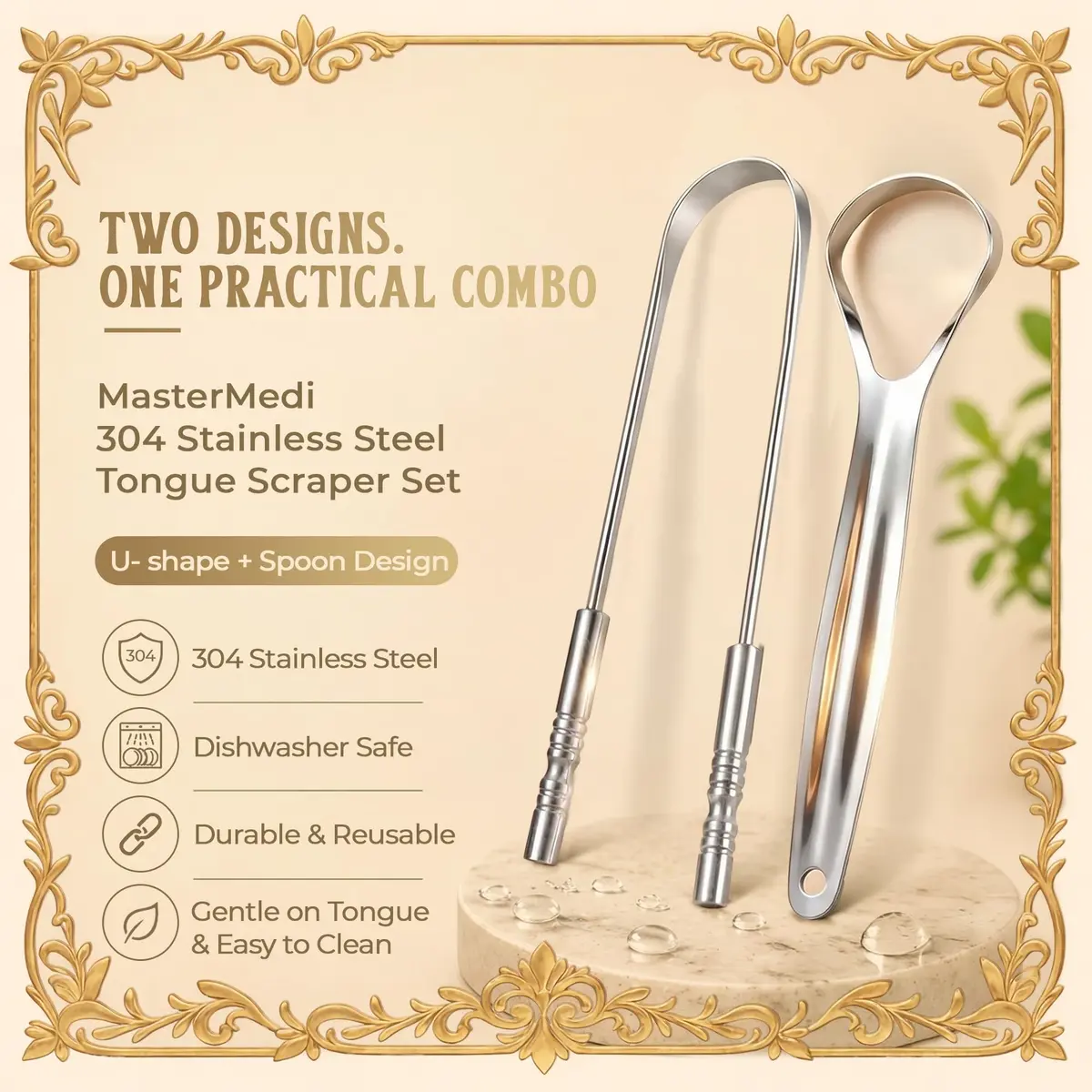 mastermedi Stainless Steel Tongue Scraper 2 Pack with Multicolor Cases | Reduces Bad Breath & Improves Oral Hygiene - view 4