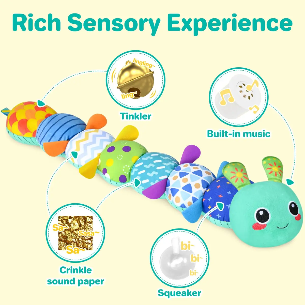 KMUYSL Baby Sensory Caterpillar Toy for 0-12 Months | Soft Plush, Crinkle & Music - view 2