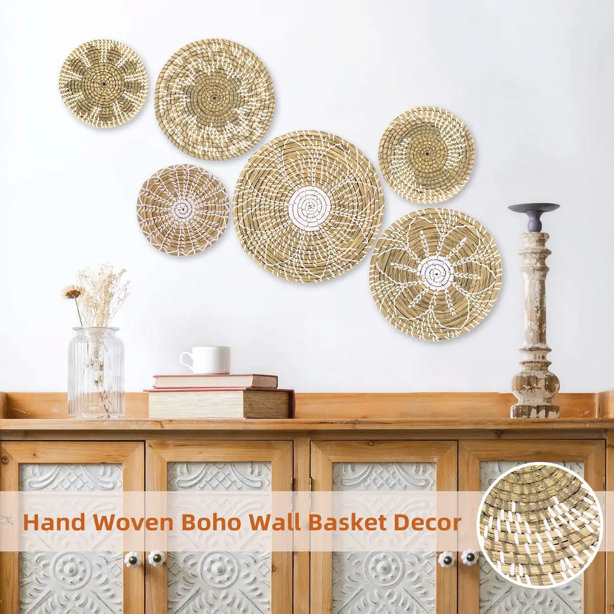 LOCS MICRAI Boho Wall Basket Decor Set of 6 | Handcrafted Seagrass Wall Art for Farmhouse & Rustic Homes - view 5