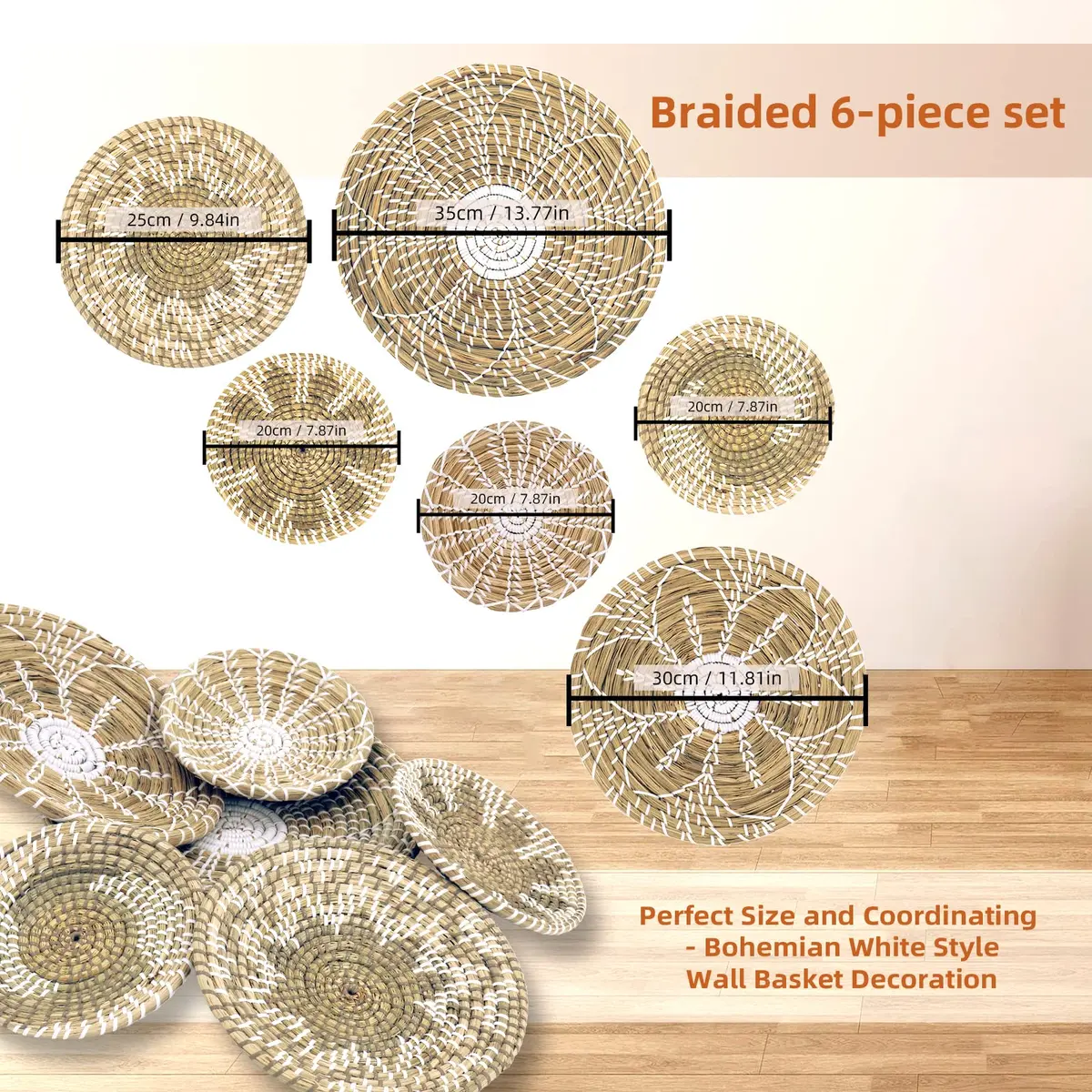 LOCS MICRAI Boho Wall Basket Decor Set of 6 | Handcrafted Seagrass Wall Art for Farmhouse & Rustic Homes - view 2