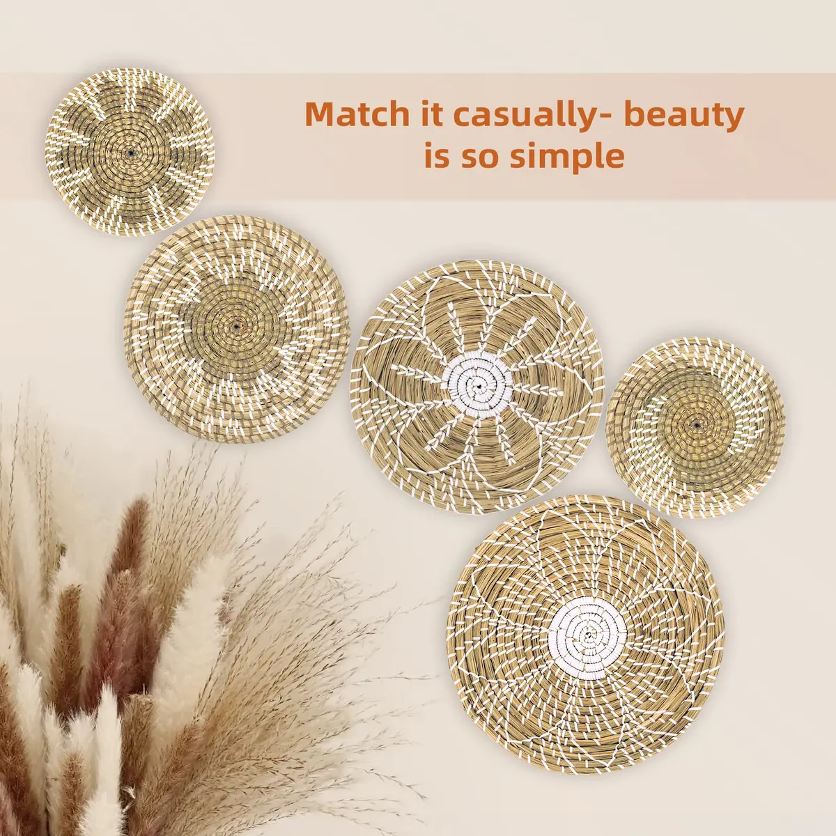 LOCS MICRAI Boho Wall Basket Decor Set of 6 | Handcrafted Seagrass Wall Art for Farmhouse & Rustic Homes - view 3