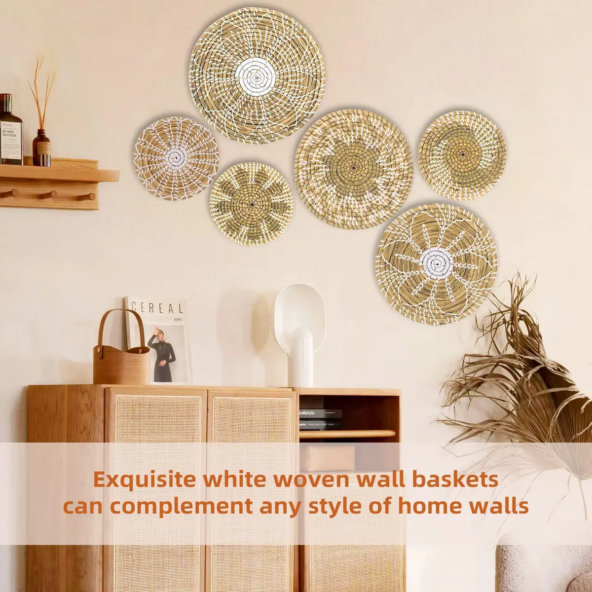 LOCS MICRAI Boho Wall Basket Decor Set of 6 | Handcrafted Seagrass Wall Art for Farmhouse & Rustic Homes - view 4