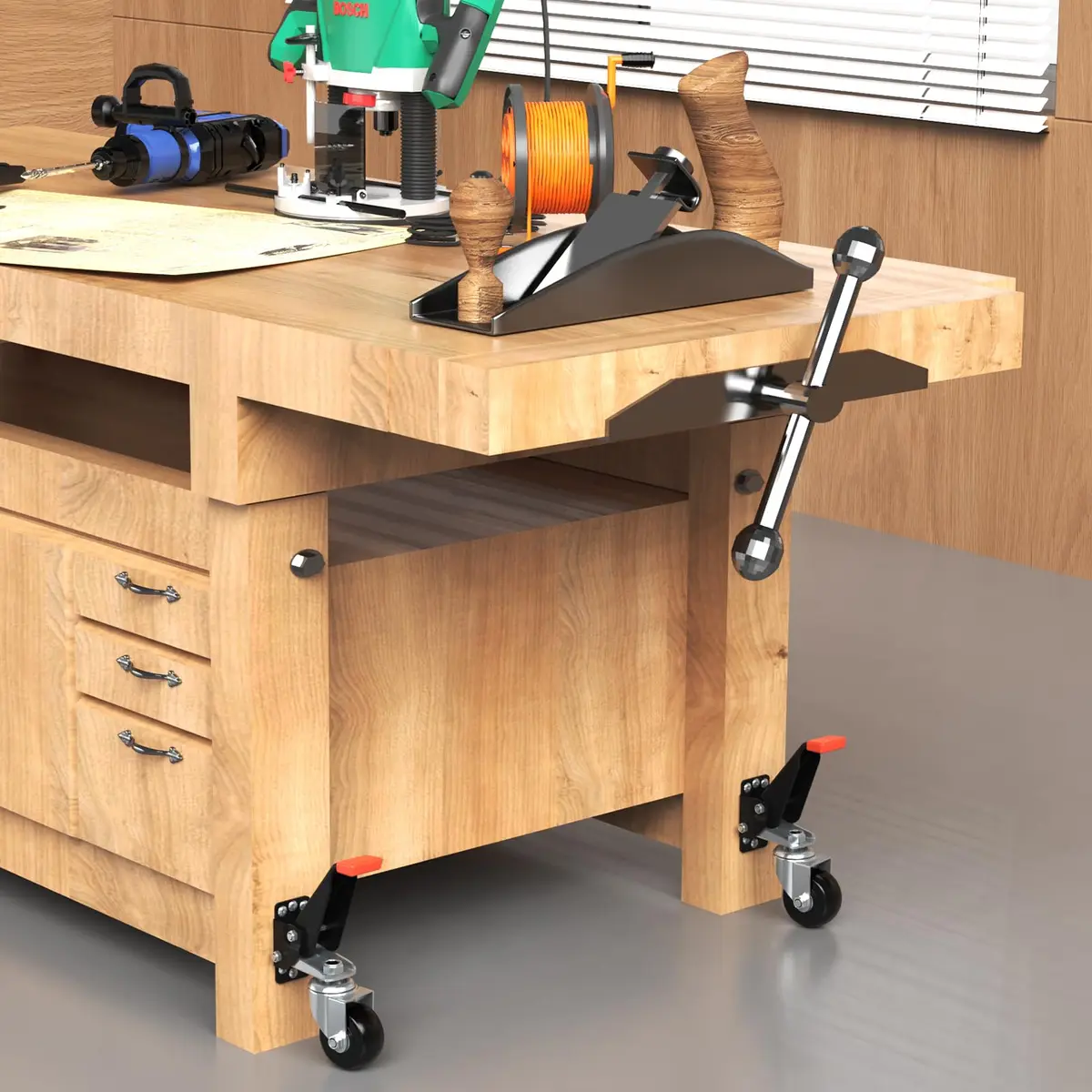 SPACEKEEPER Heavy Duty Retractable Workbench Casters Kit 720 Lbs Capacity | 4 Pack Side Mount Swivel Wheels - view 7