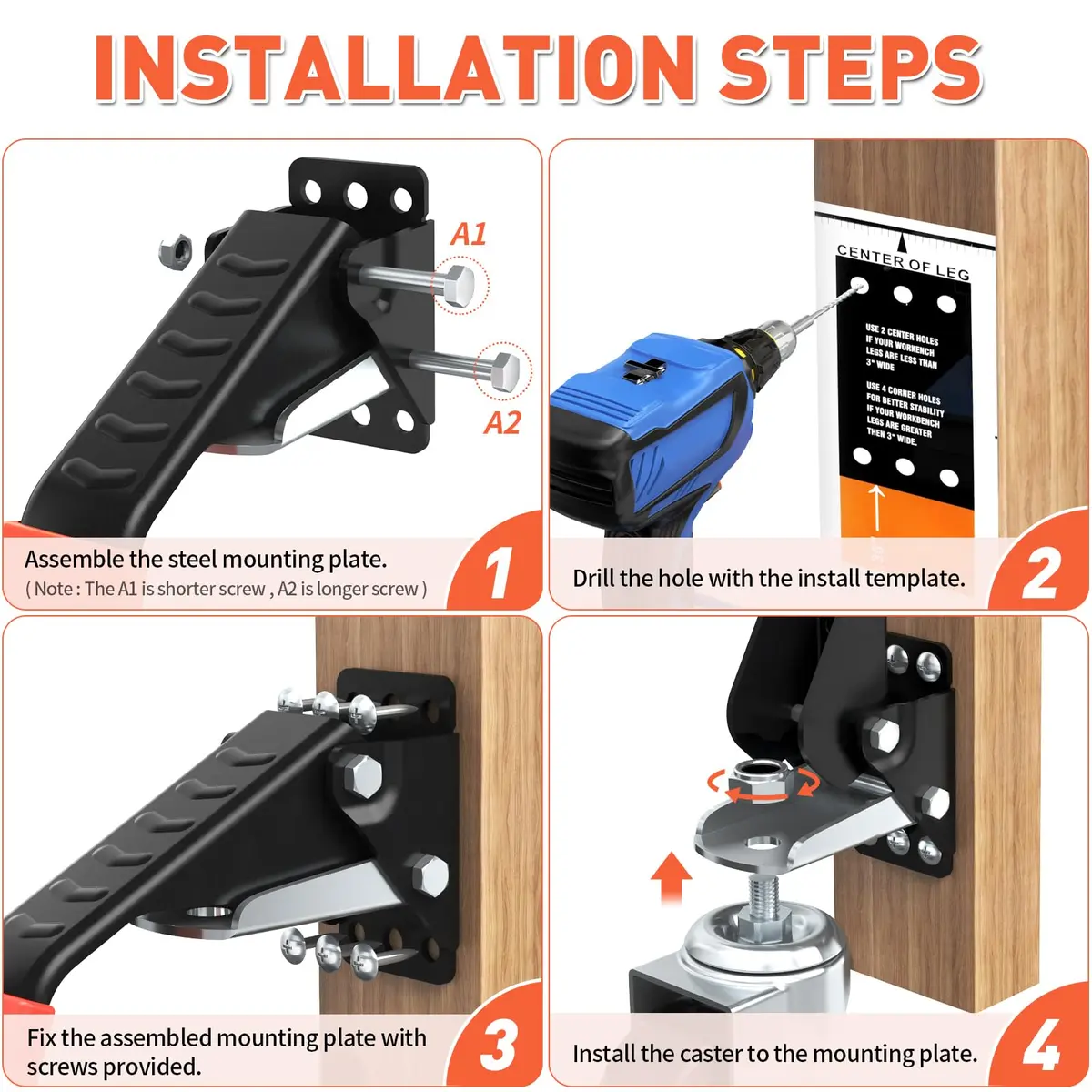 SPACEKEEPER Workbench Casters kit 920 Lbs - Retractable Casters, 4 Pack | Heavy Duty Steel & Polyurethane Wheels - view 5