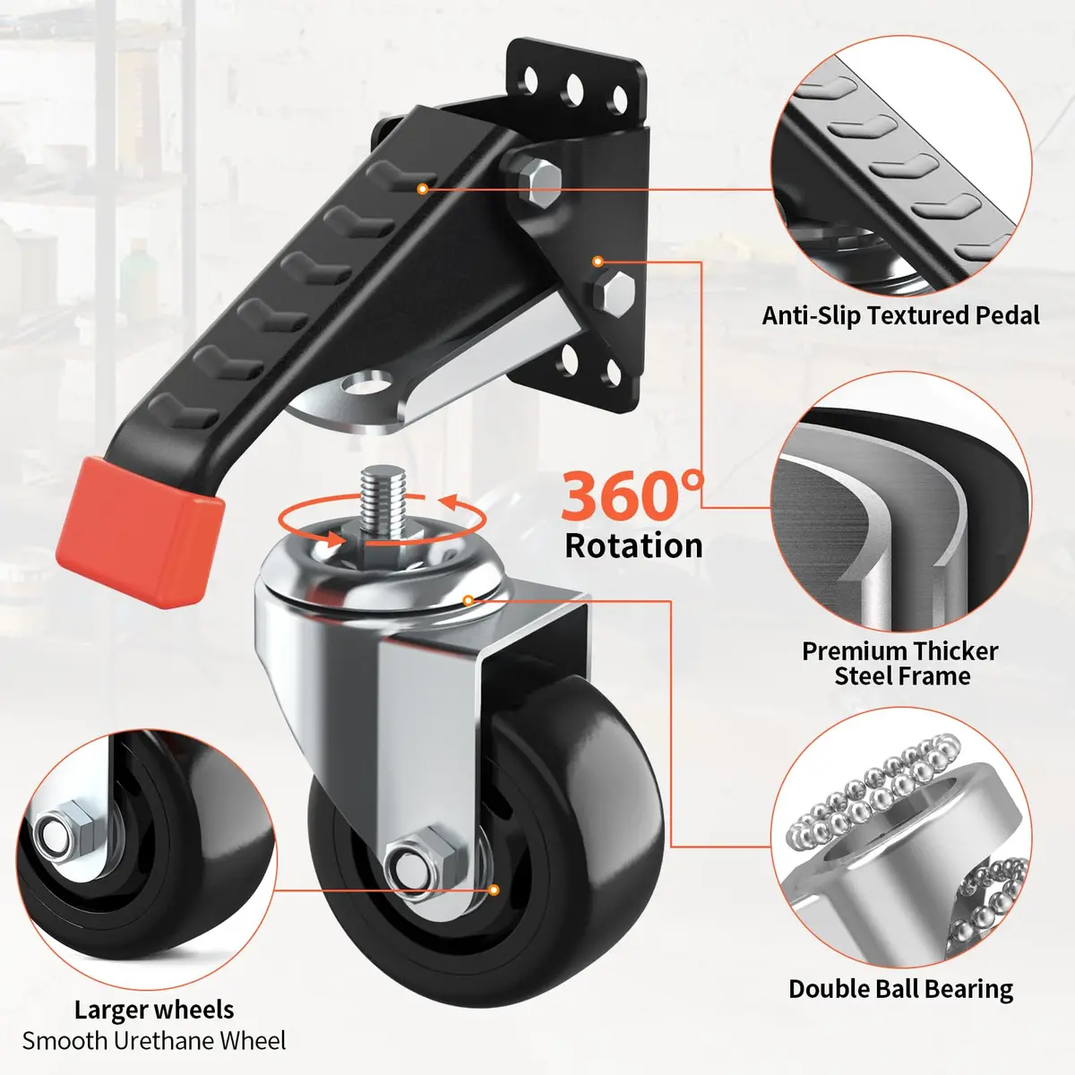 SPACEKEEPER Workbench Casters kit 920 Lbs - Retractable Casters, 4 Pack | Heavy Duty Steel & Polyurethane Wheels - view 2