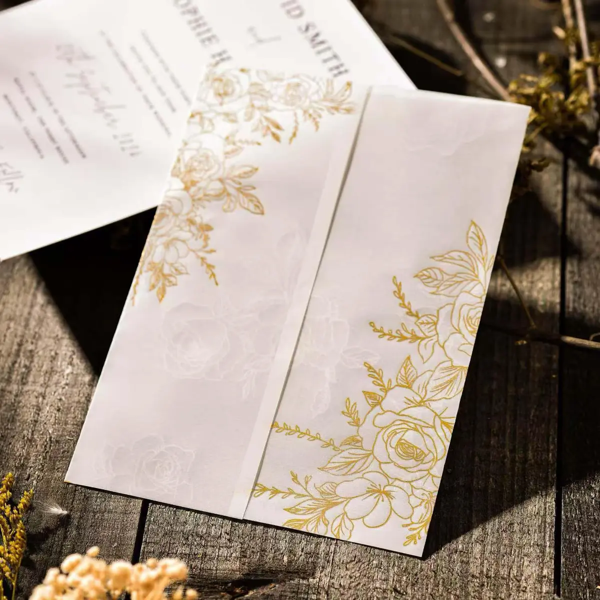 Puremigo 50 Pack Pre-Folded Vellum Jackets for 5x7 Invitations - Gold Foil Pattern - 115GSM Vellum Paper - view 5