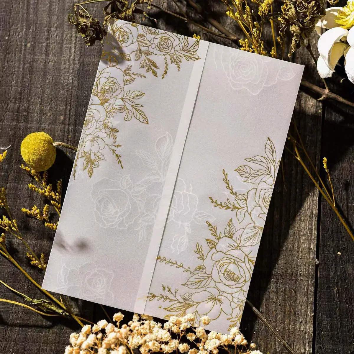 Puremigo 50 Pack Pre-Folded Vellum Jackets for 5x7 Invitations - Gold Foil Pattern - 115GSM Vellum Paper - main product image