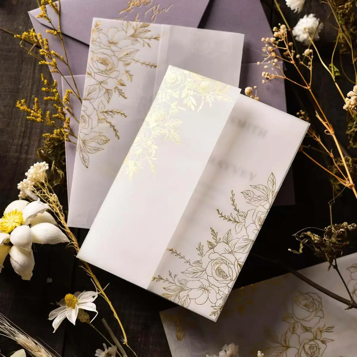 Puremigo 50 Pack Pre-Folded Vellum Jackets for 5x7 Invitations - Gold Foil Pattern - 115GSM Vellum Paper - view 2