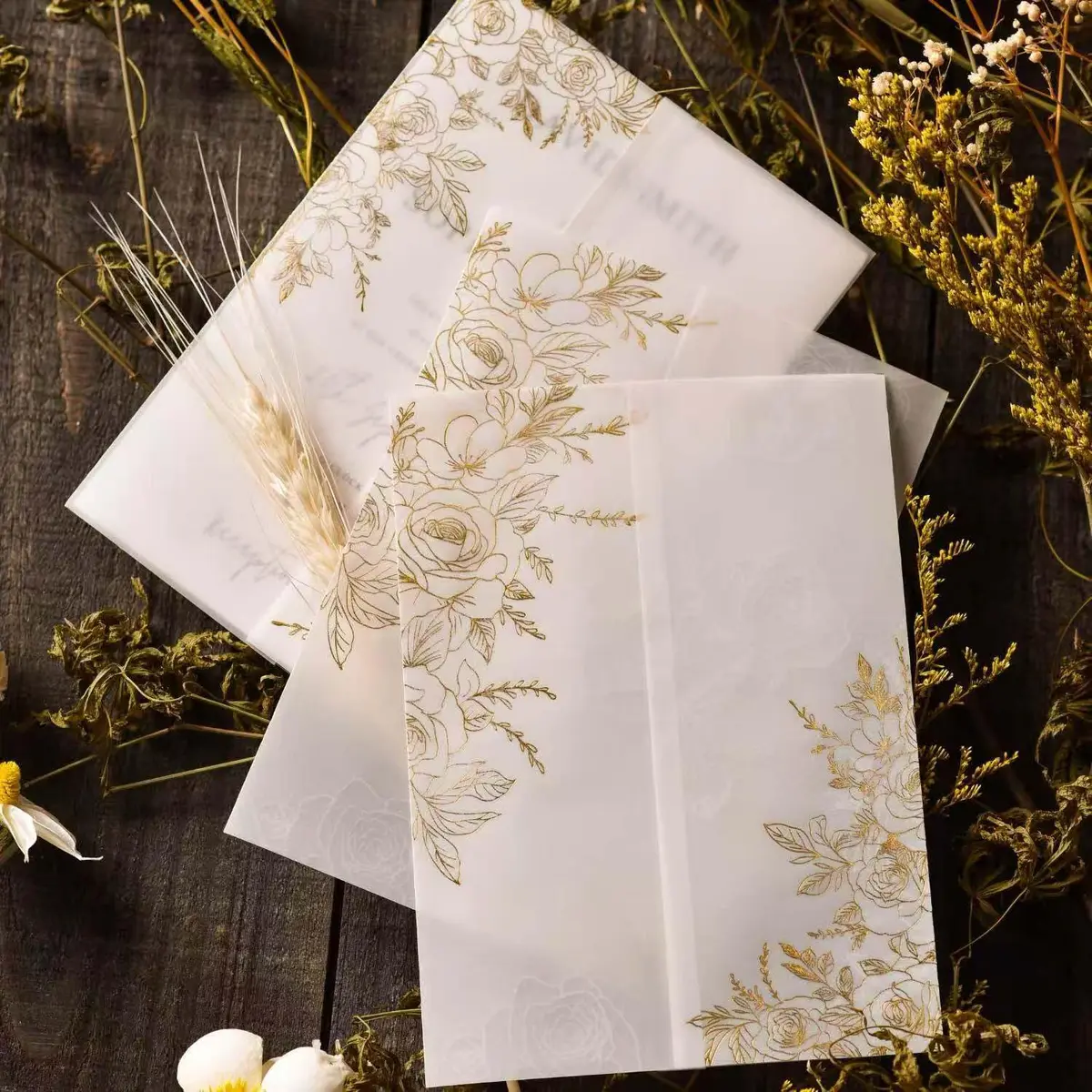 Puremigo 50 Pack Pre-Folded Vellum Jackets for 5x7 Invitations - Gold Foil Pattern - 115GSM Vellum Paper - view 3
