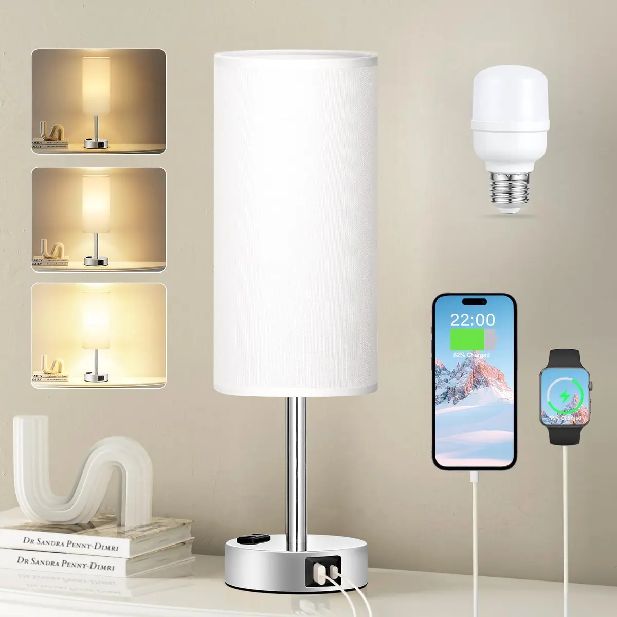 Fenmzee White Bedside Lamp for Bedroom, Dimmable Touch, USB A+C, AC Outlet | Minimalist Nightstand Light with USB Charging - main product image
