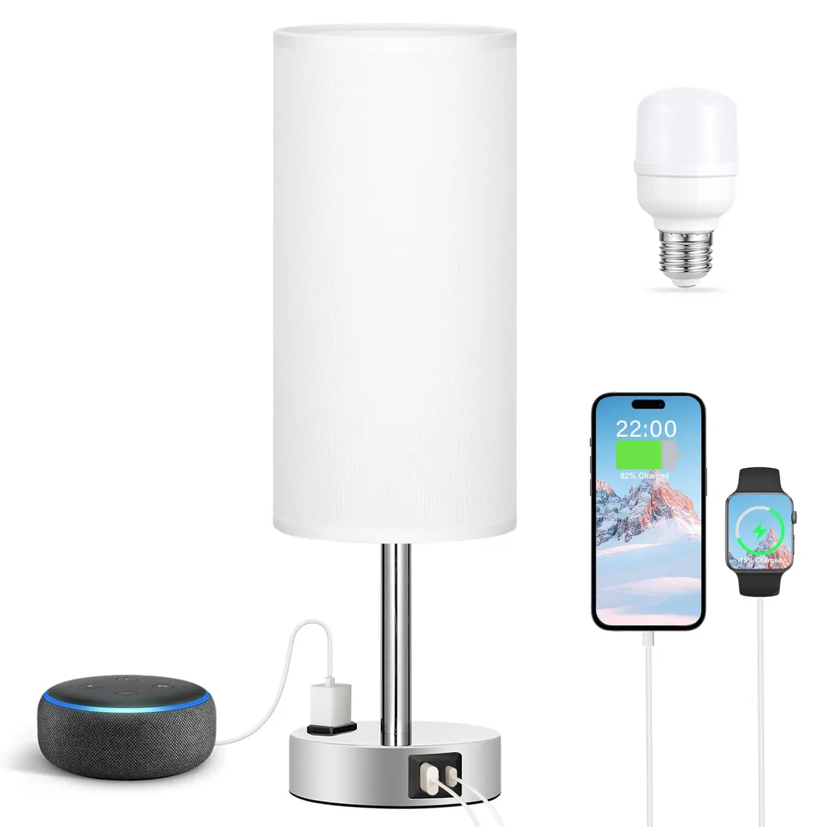 Fenmzee White Bedside Lamp for Bedroom, Dimmable Touch, USB A+C, AC Outlet | Minimalist Nightstand Light with USB Charging - view 6