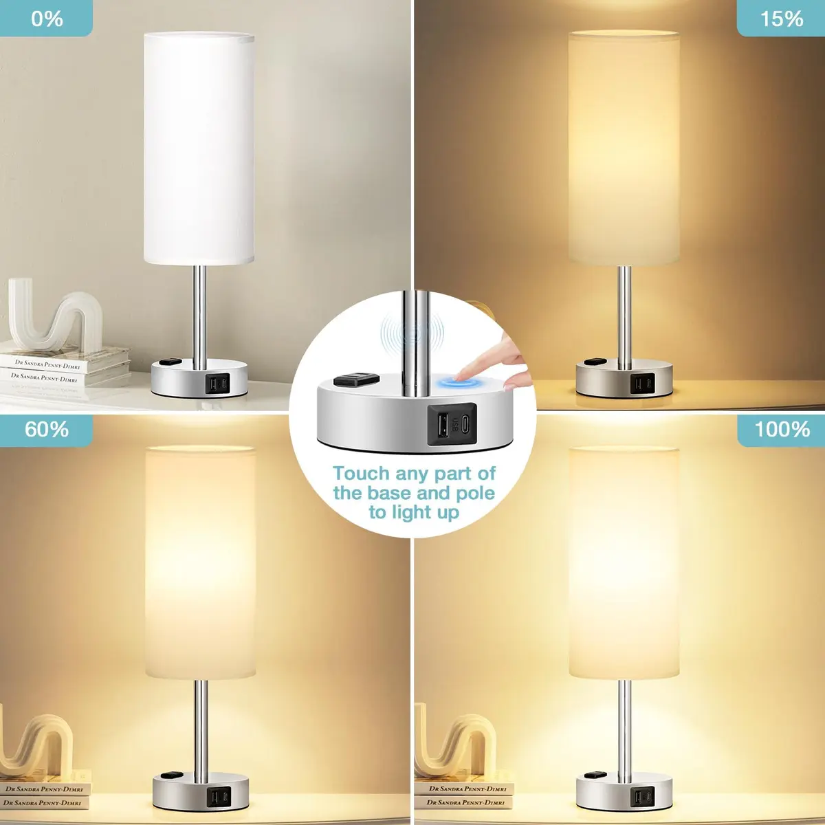 Fenmzee White Bedside Lamp for Bedroom, Dimmable Touch, USB A+C, AC Outlet | Minimalist Nightstand Light with USB Charging - view 2
