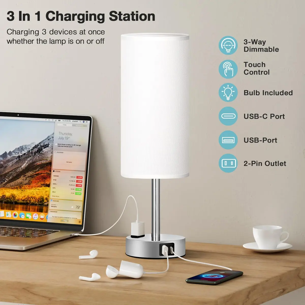 Fenmzee White Bedside Lamp for Bedroom, Dimmable Touch, USB A+C, AC Outlet | Minimalist Nightstand Light with USB Charging - view 3