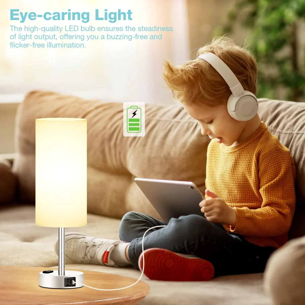 Fenmzee White Bedside Lamp for Bedroom, Dimmable Touch, USB A+C, AC Outlet | Minimalist Nightstand Light with USB Charging - view 4