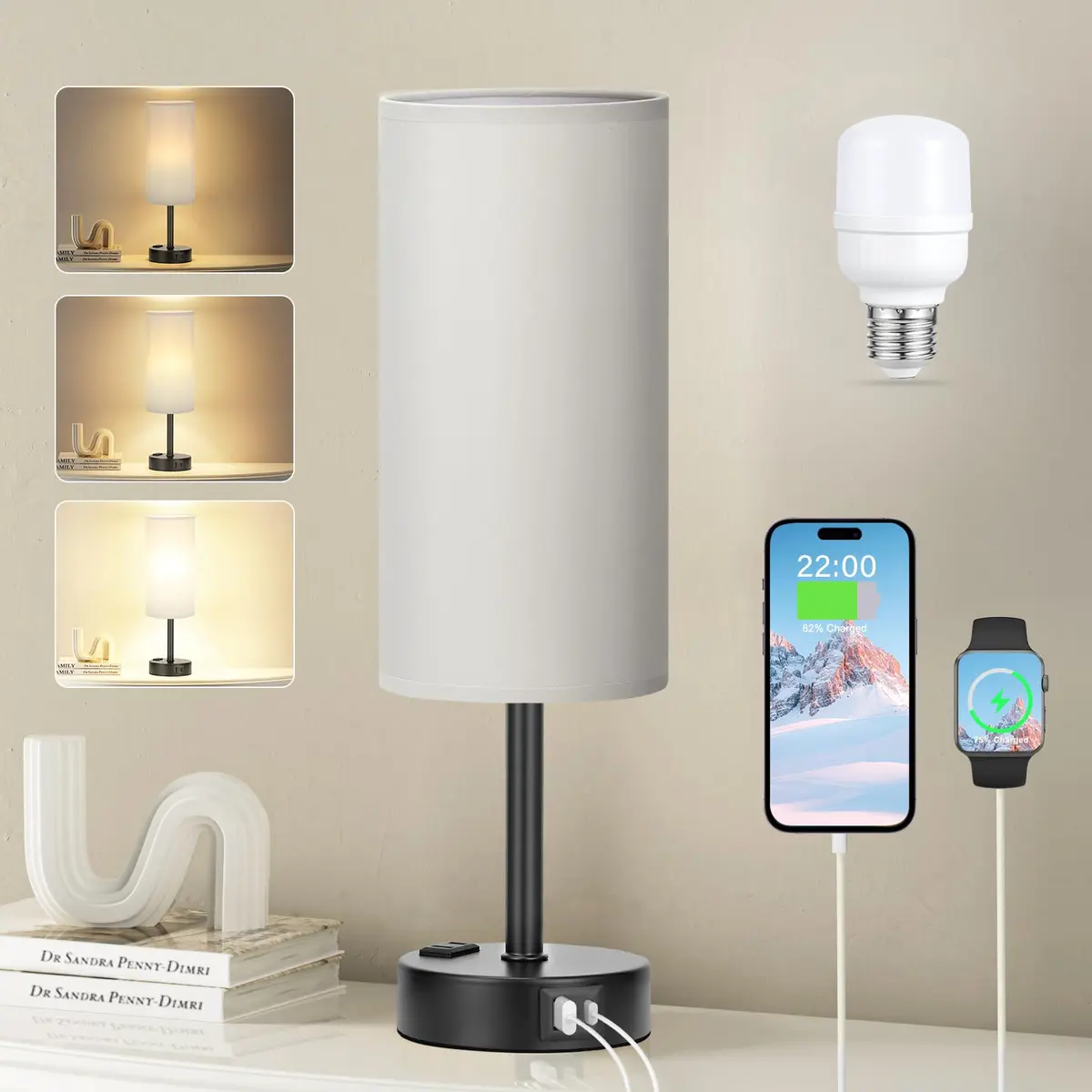 Fenmzee Grey Bedside Lamp for Bedroom, Dimmable Touch, USB A+C, AC Outlet | 14" Minimalist Nightstand Light - main product image