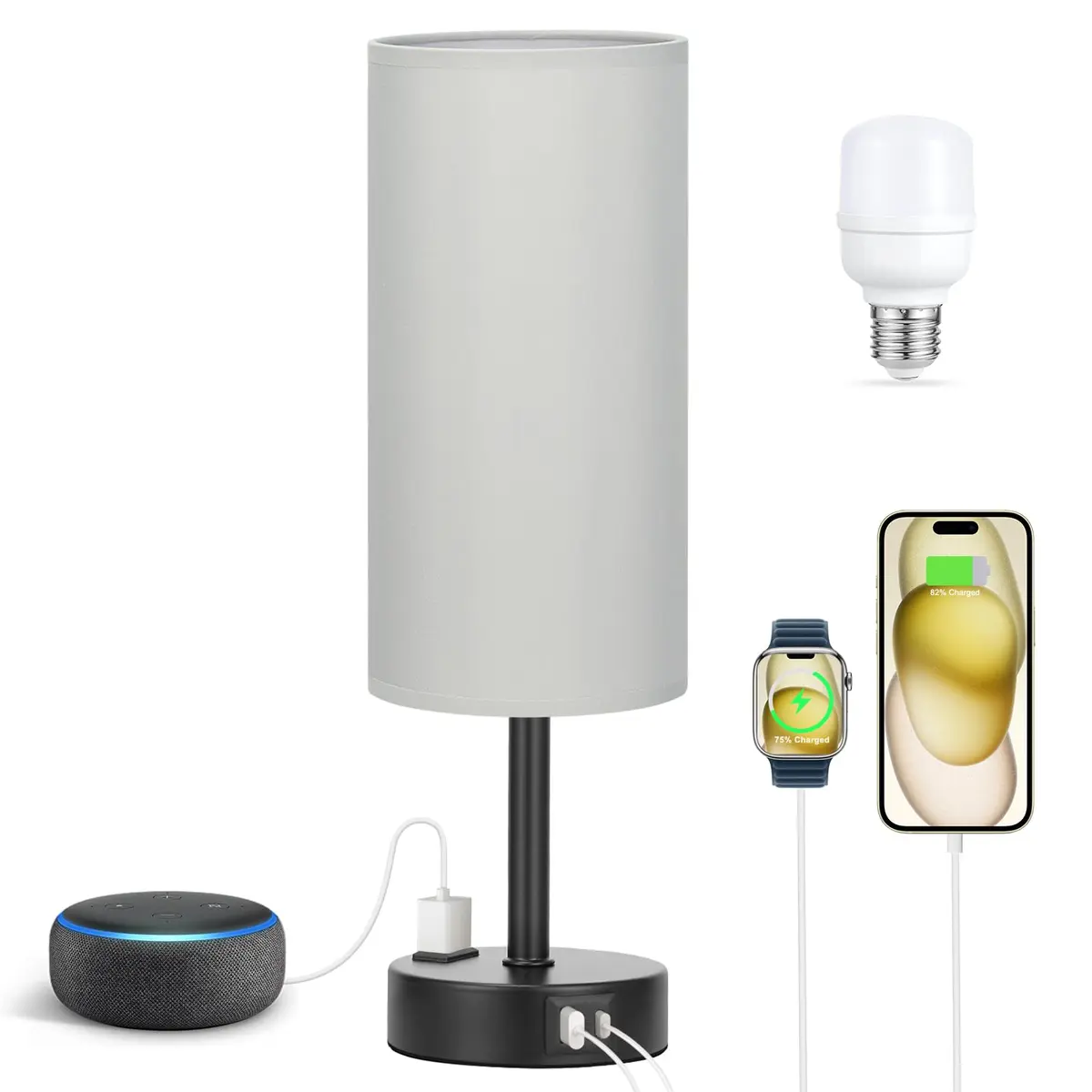 Fenmzee Grey Bedside Lamp for Bedroom, Dimmable Touch, USB A+C, AC Outlet | 14" Minimalist Nightstand Light - view 6