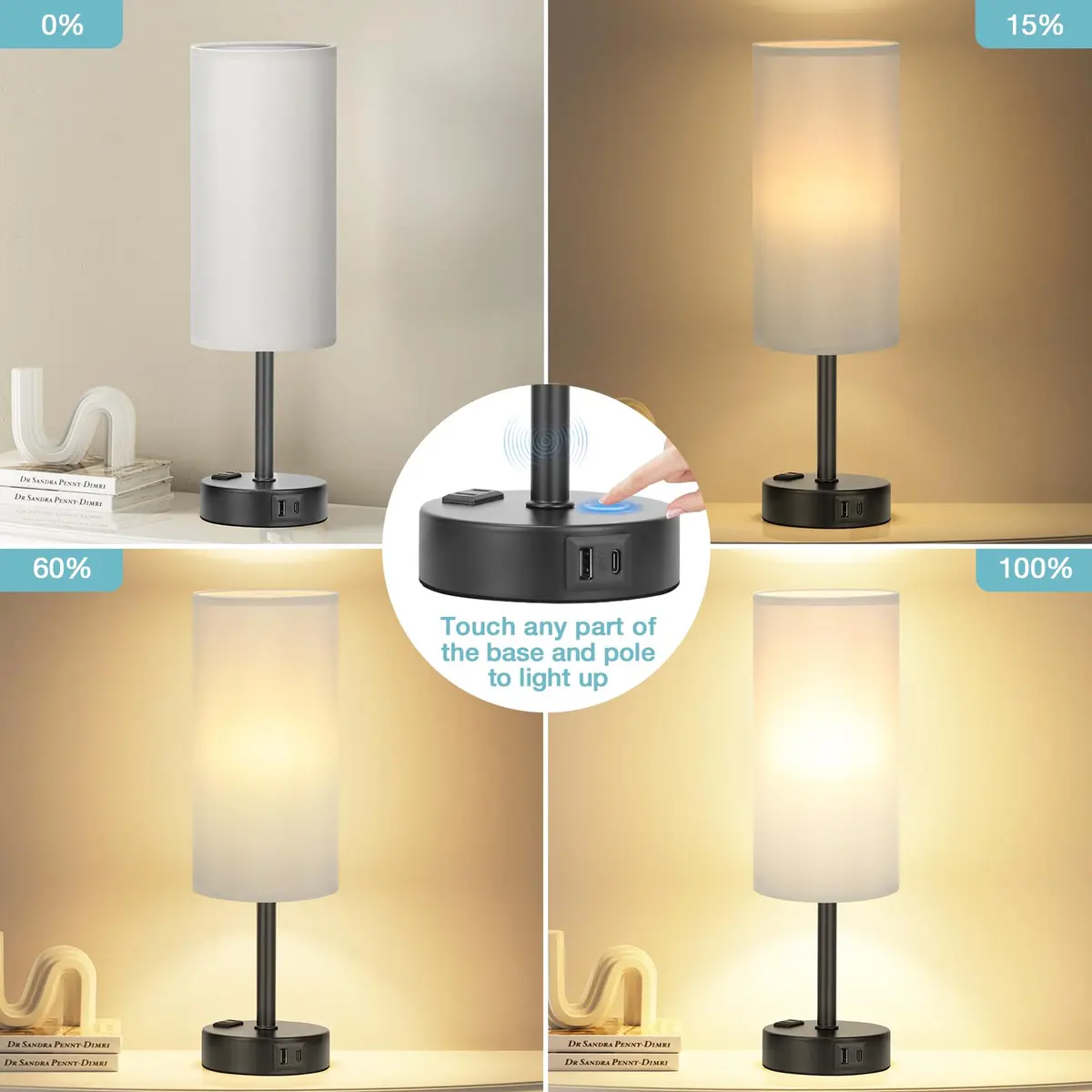 Fenmzee Grey Bedside Lamp for Bedroom, Dimmable Touch, USB A+C, AC Outlet | 14" Minimalist Nightstand Light - view 2