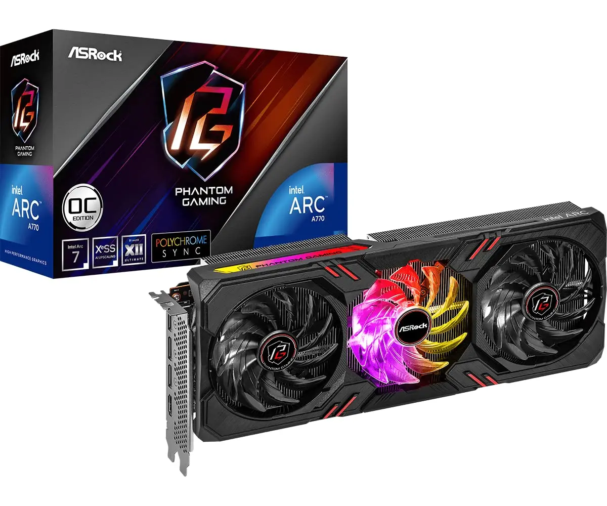 ASRock Intel Arc A770 Phantom Gaming 16GB OC Graphics Card | 2200 MHz GPU, 16GB GDDR6, Triple Fan Cooling - main product image