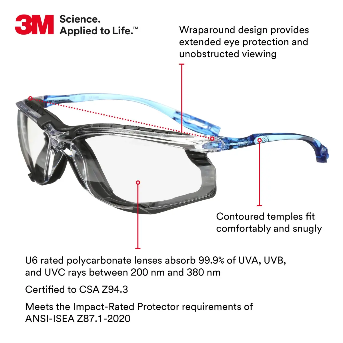 3M Virtua CCS Safety Glasses Pack of 2 | Anti-Fog, Indoor/Outdoor Mirrored Lens, Blue Frame with Foam Gasket - view 2