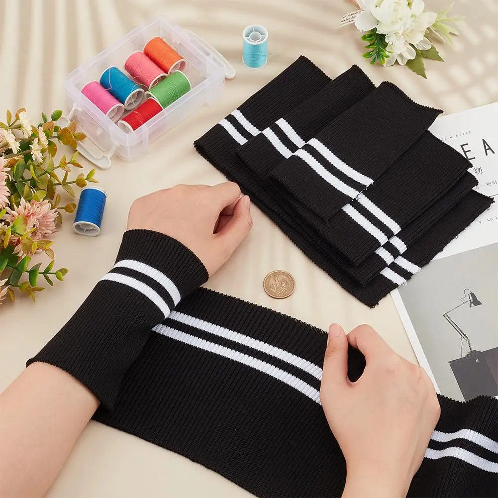 BENECREAT Elastic Fiber Ribbing Fabric 2pcs | Black Stripe Pattern, 5.5x37.5inch, 2mm Thick, Cotton & Elastic Blend for Garment Edging - view 3