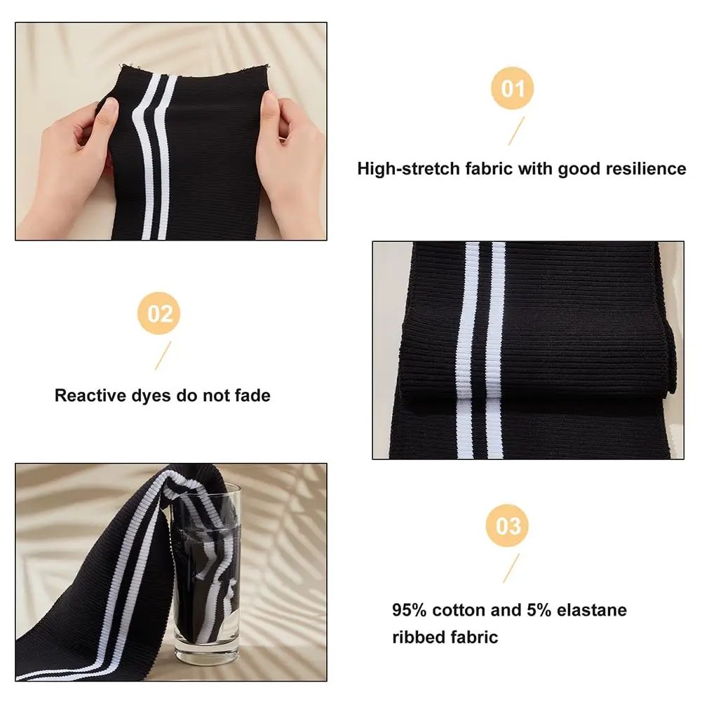 BENECREAT Elastic Fiber Ribbing Fabric 2pcs | Black Stripe Pattern, 5.5x37.5inch, 2mm Thick, Cotton & Elastic Blend for Garment Edging - view 4