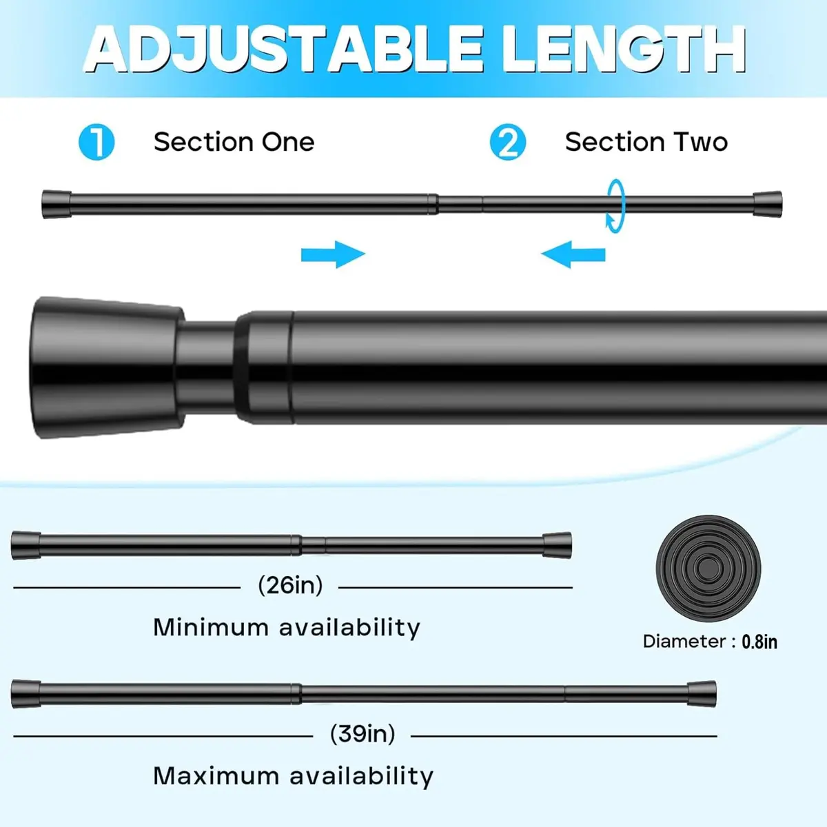 ZipGlo Black Spring Tension Curtain Rods 53.3 cm (21") - 2 Pcs | No-Drill Installation for Windows & Doors - view 2