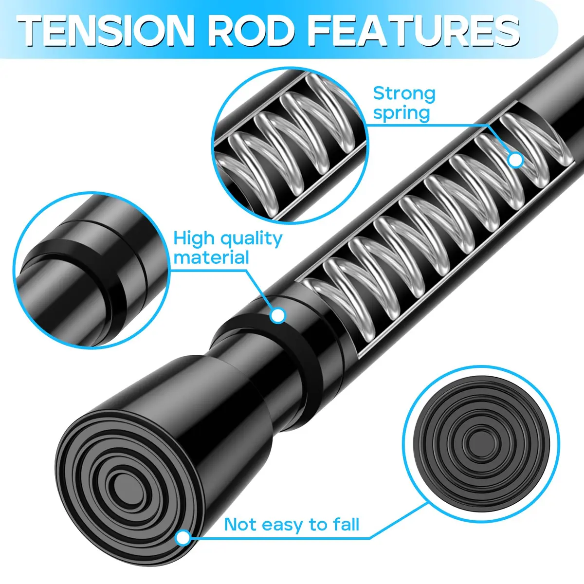 ZipGlo Black Spring Tension Curtain Rods 53.3 cm (21") - 2 Pcs | No-Drill Installation for Windows & Doors - view 3