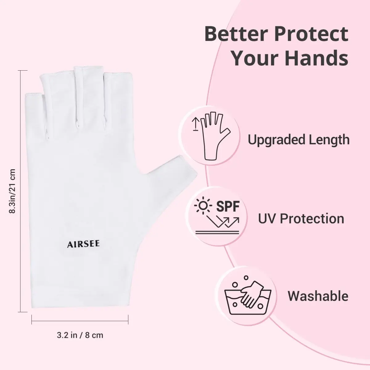AIRSEE UPF50+ UV Protection Gloves for Nail Lamp | Fingerless, White, Nylon/Lycra - view 5