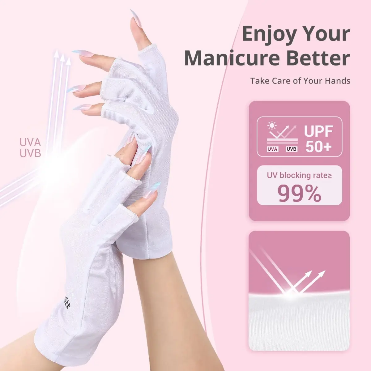 AIRSEE UPF50+ UV Protection Gloves for Nail Lamp | Fingerless, White, Nylon/Lycra - view 2