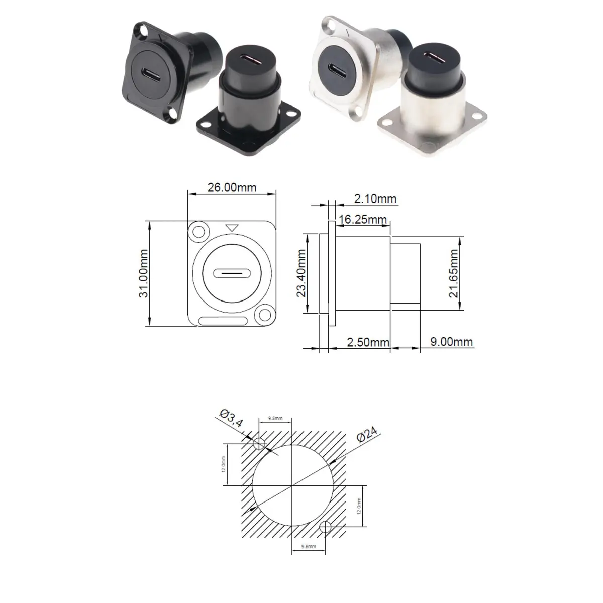 HangTon Waterproof USB-C Panel Mount Socket Coupler 2-Pack | 10Gbps Data Transfer - view 7