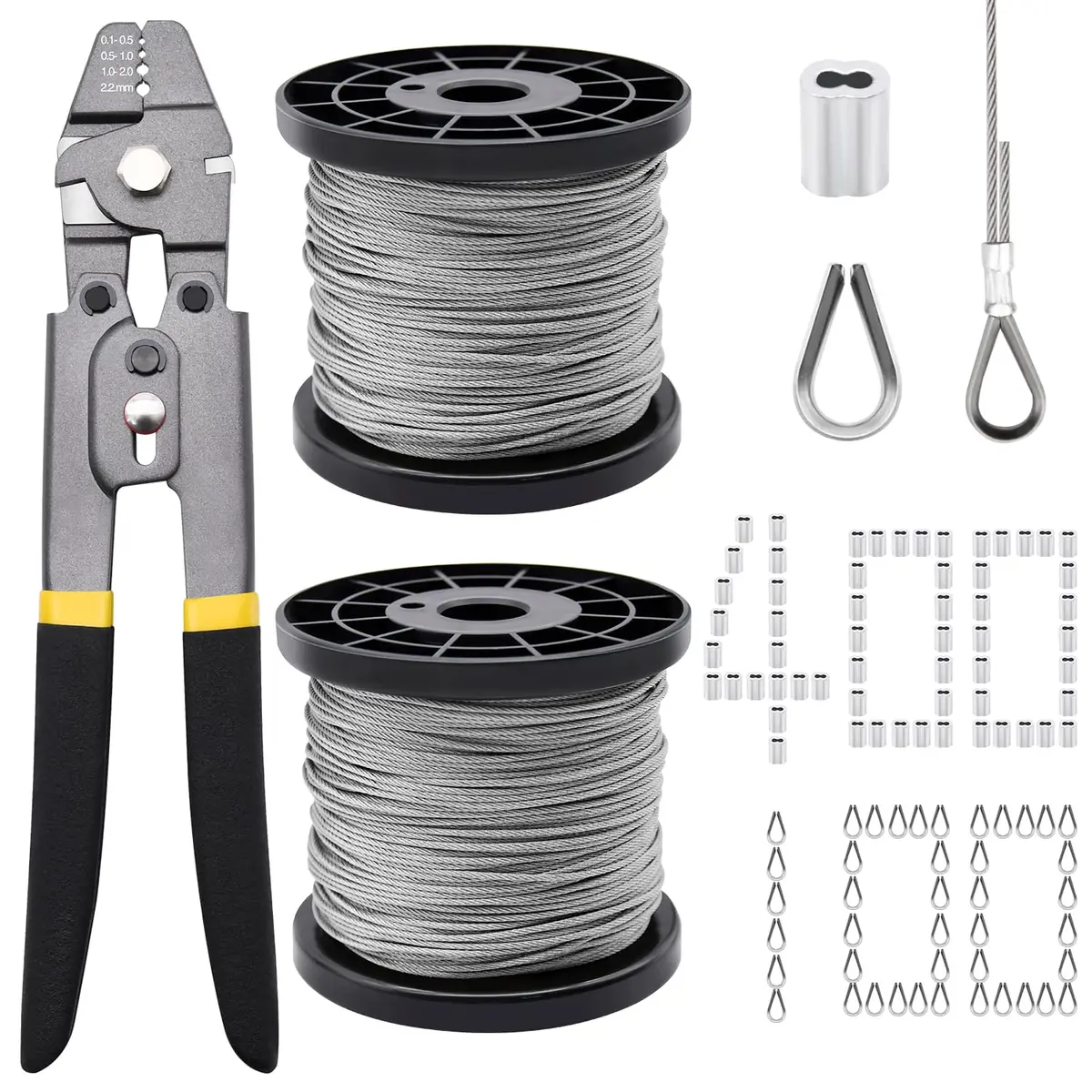 FGBNM 656ft Wire Rope Crimping Tool Kit with 1/16" Stainless Steel Cable, Aluminum Sleeves & Thimbles | Heavy Duty Crimper Set - main product image