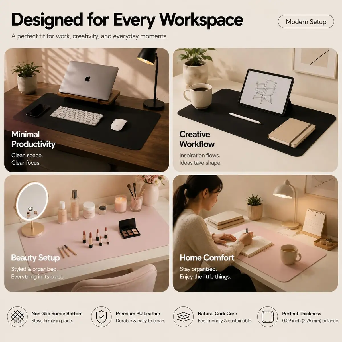 AFIING Cork Desk Mat Black 60cm x 35cm (23.6" x 13.7") | Dual-Sided Waterproof PU Leather & Cork - view 7