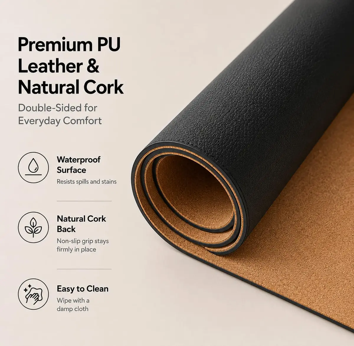 AFIING Cork Desk Mat Black 60cm x 35cm (23.6" x 13.7") | Dual-Sided Waterproof PU Leather & Cork - view 4