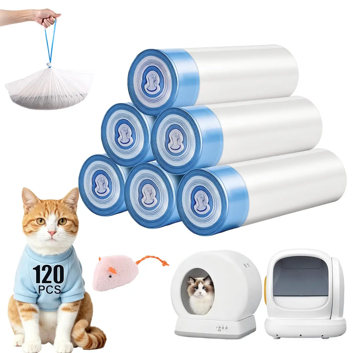 KropBom 120 Count Drawstring Cat Litter Bags 22.7 kg (50 lb) | Custom-Fit Leak-Proof Liners for Automatic Litter Boxes - main product image