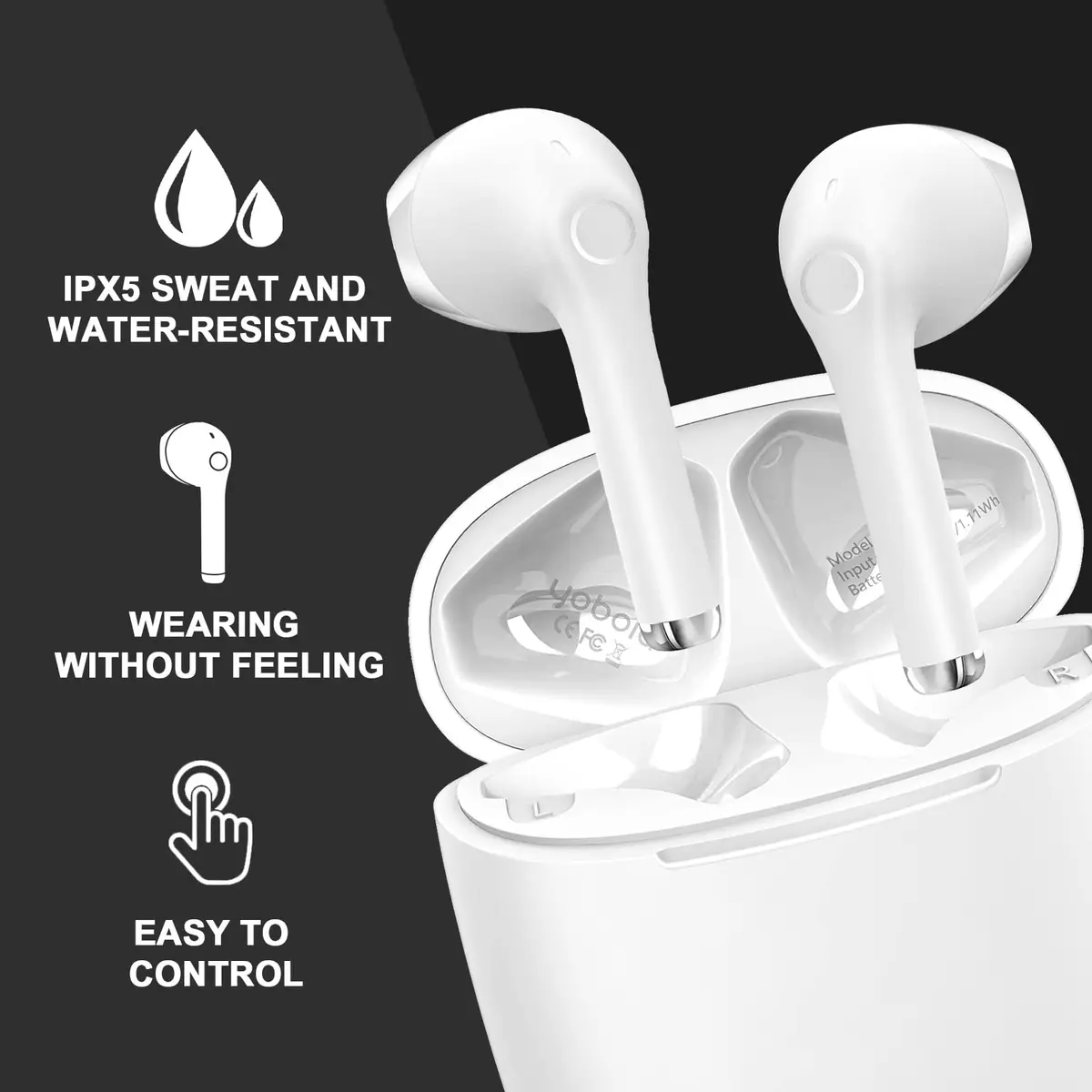 yobola T9 True Wireless Earbuds Bluetooth 5.0 Headphones with Charging Case, Deep Bass, IPX5 Waterproof, White (40g) - view 4