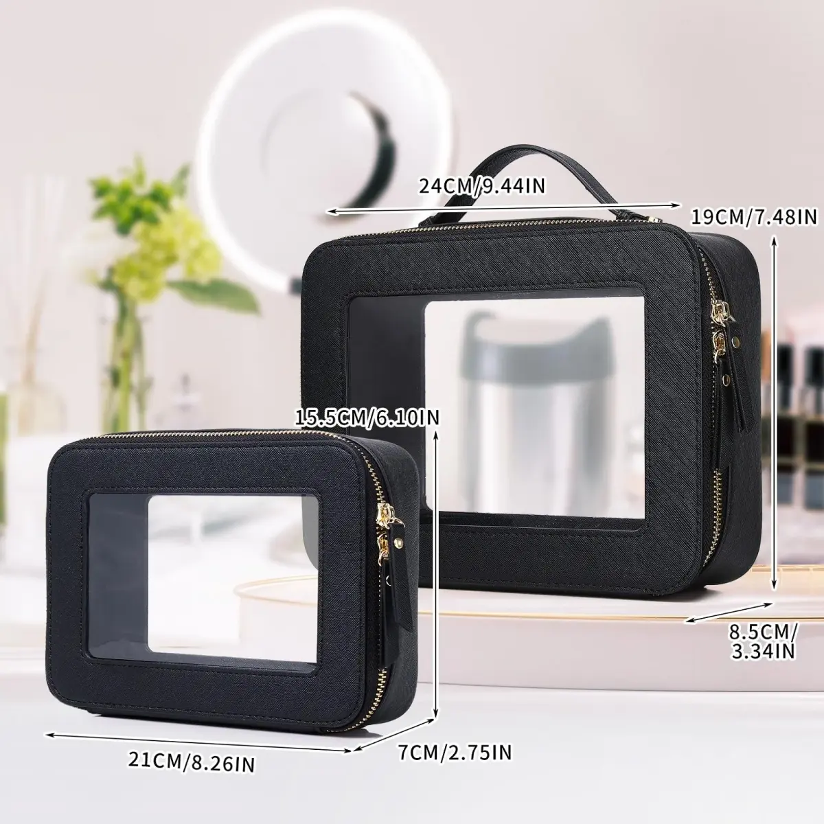 Pinkmik Clear Makeup Bag Set, M+L (2-Piece) | TSA Approved Waterproof Travel Cosmetic Case - view 4
