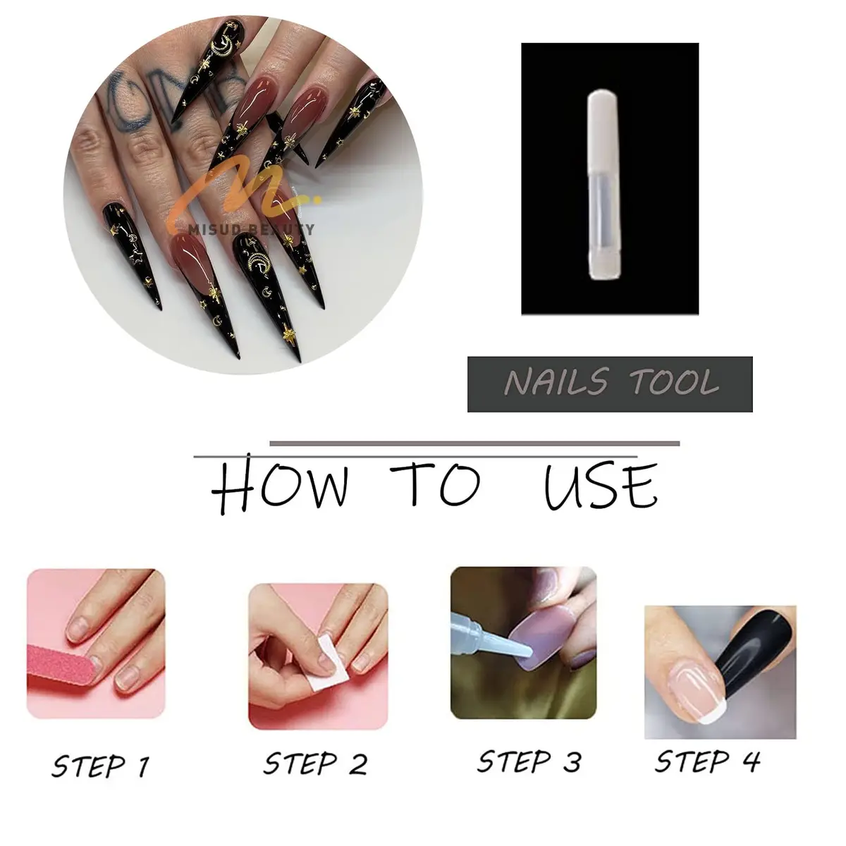 MISUD Press on Nails - Long Stiletto Goth Black with Gold Star Moon | 24 pcs - view 6
