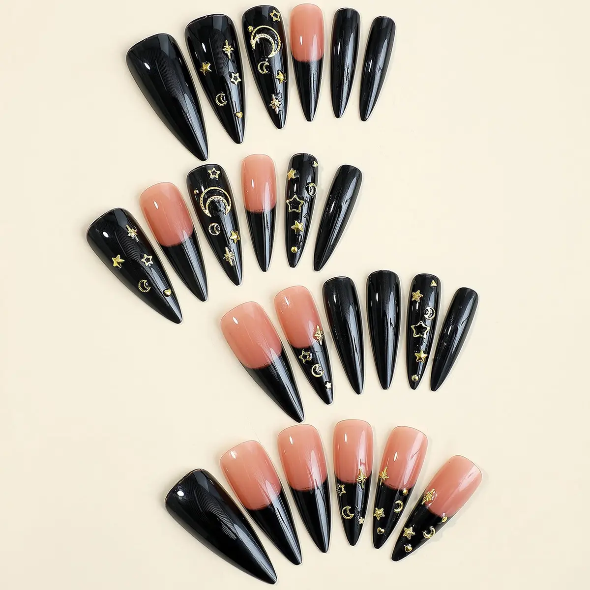 MISUD Press on Nails - Long Stiletto Goth Black with Gold Star Moon | 24 pcs - view 2