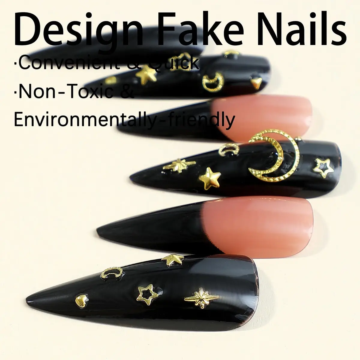 MISUD Press on Nails - Long Stiletto Goth Black with Gold Star Moon | 24 pcs - view 3