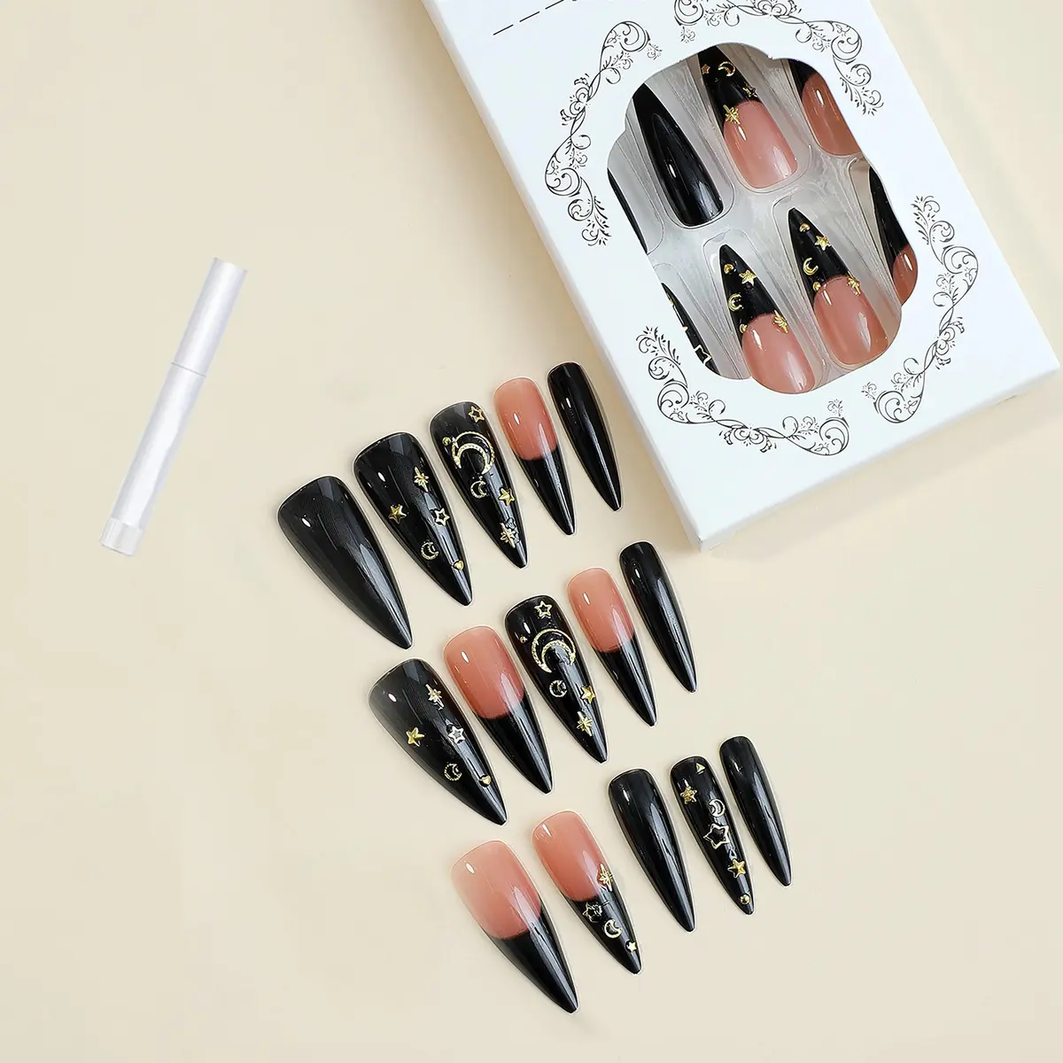 MISUD Press on Nails - Long Stiletto Goth Black with Gold Star Moon | 24 pcs - view 4