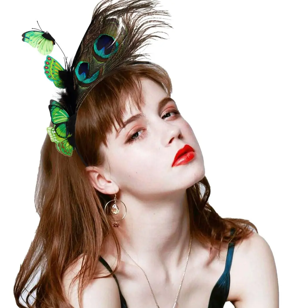 Coridy Boho Green Butterfly Peacock Feather Headpiece | 1920s Gatsby Flapper Headband for Women - main product image