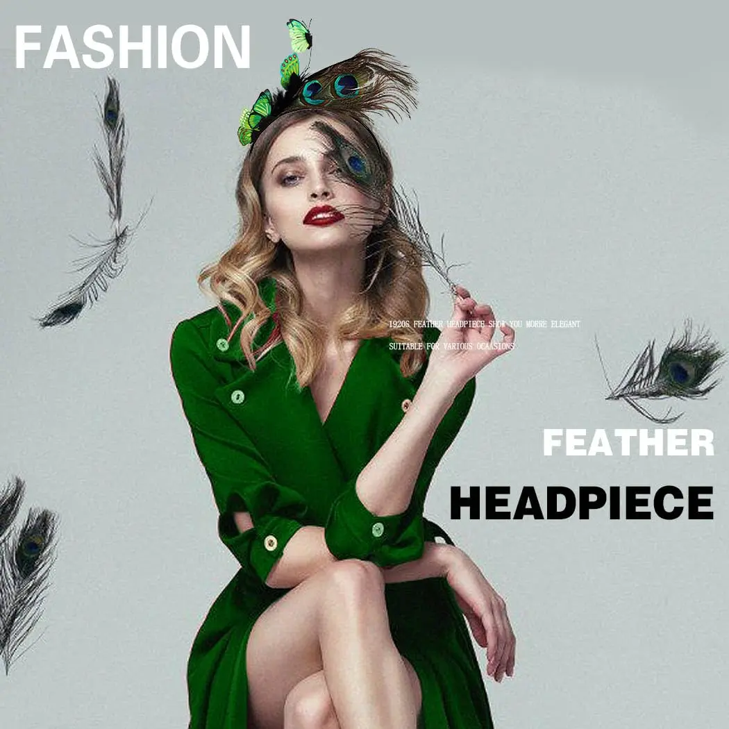 Coridy Boho Green Butterfly Peacock Feather Headpiece | 1920s Gatsby Flapper Headband for Women - view 5