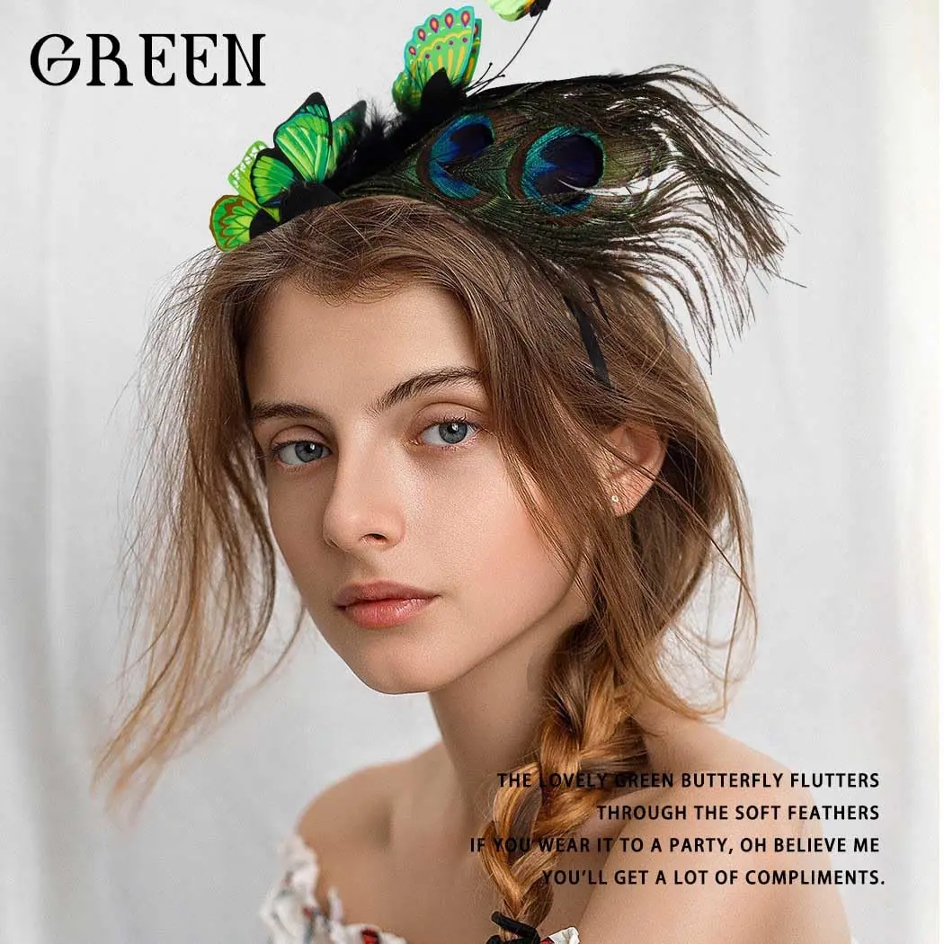 Coridy Boho Green Butterfly Peacock Feather Headpiece | 1920s Gatsby Flapper Headband for Women - view 2