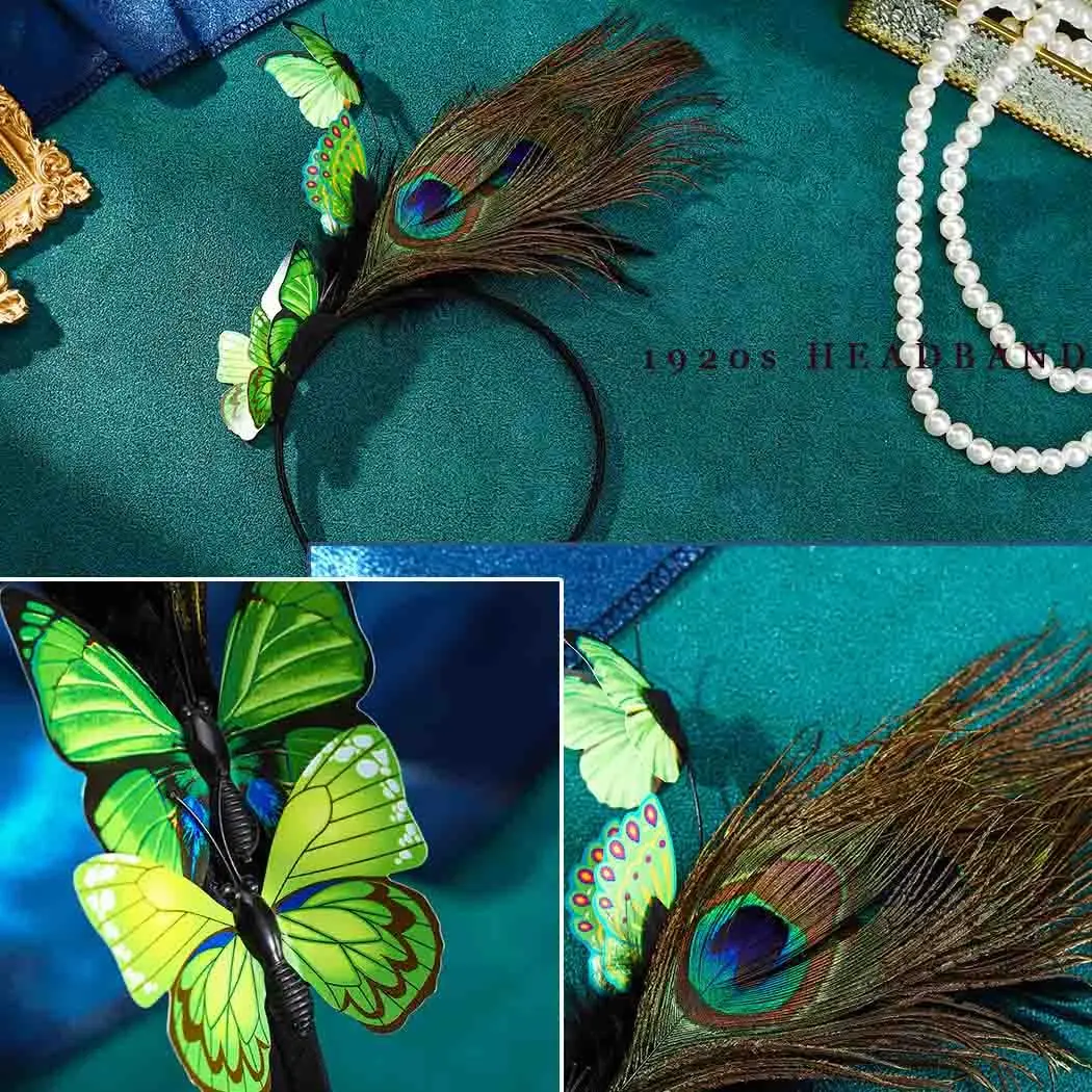 Coridy Boho Green Butterfly Peacock Feather Headpiece | 1920s Gatsby Flapper Headband for Women - view 4