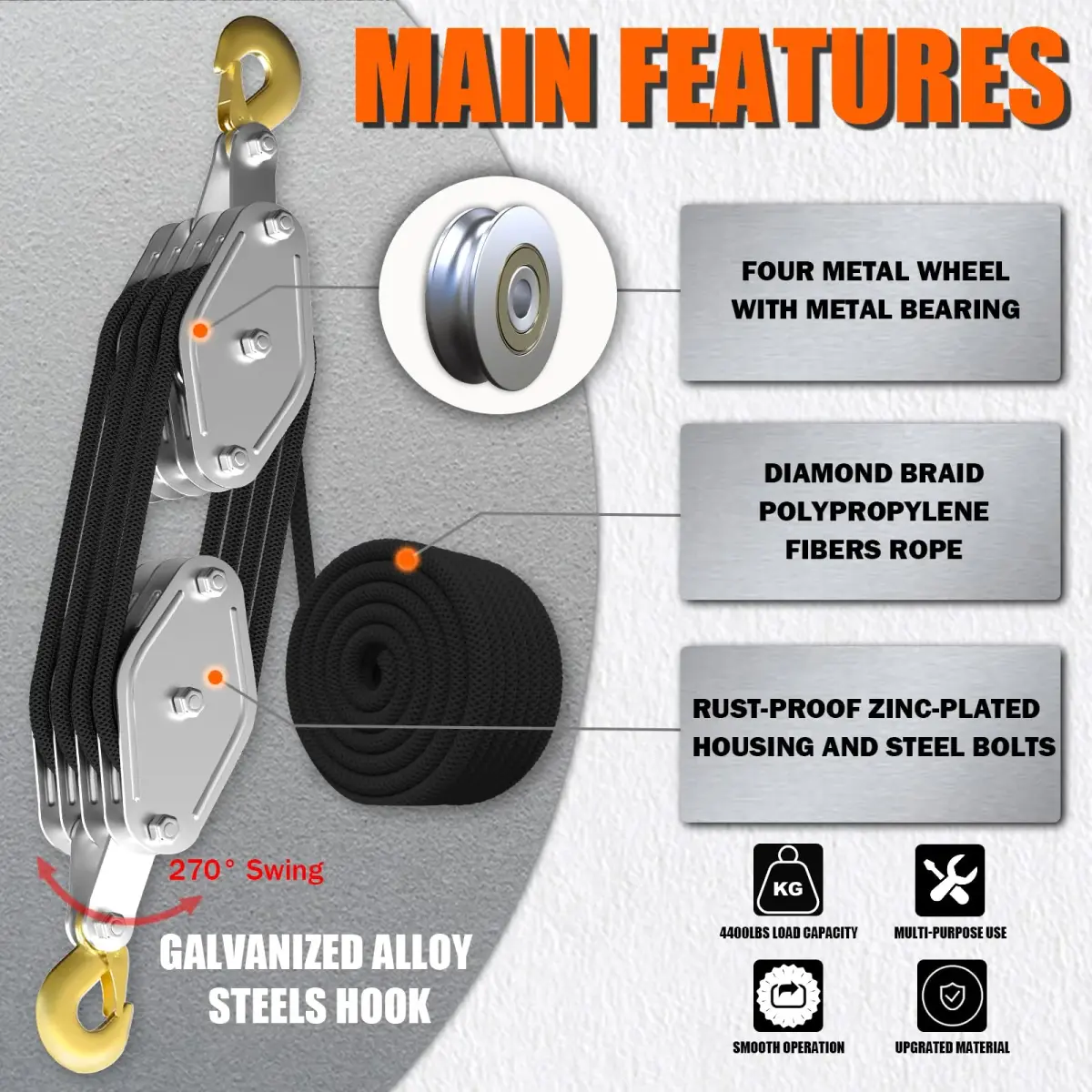 YATOINTO Rope Hoist Pulley System 4400LB 65ft | Heavy Duty Lifting Block with 8:1 Ratio - view 2