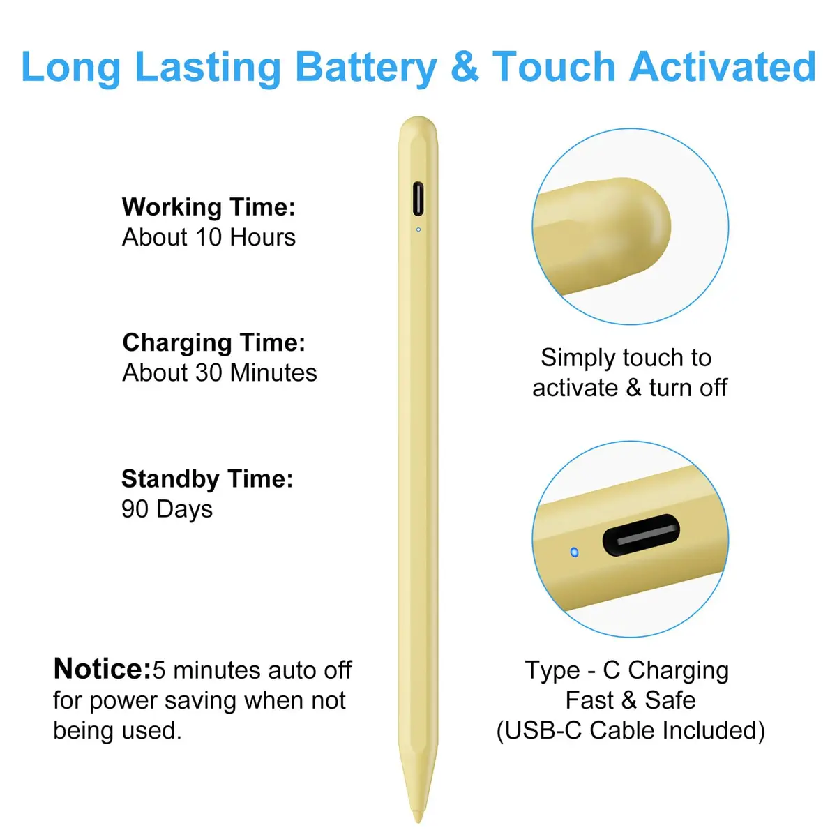 FOJOJO Stylus Pen for iPad 2026-2018 | Palm Rejection & Fast Charge (16.5cm, Yellow) - view 6