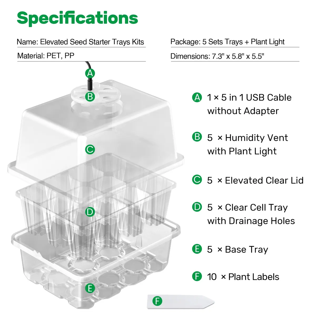 Bonviee Seed Starter Trays with 12-LED Grow Lights, Clear, 5 Pack | Indoor Germination Kit with Root Observation - view 2