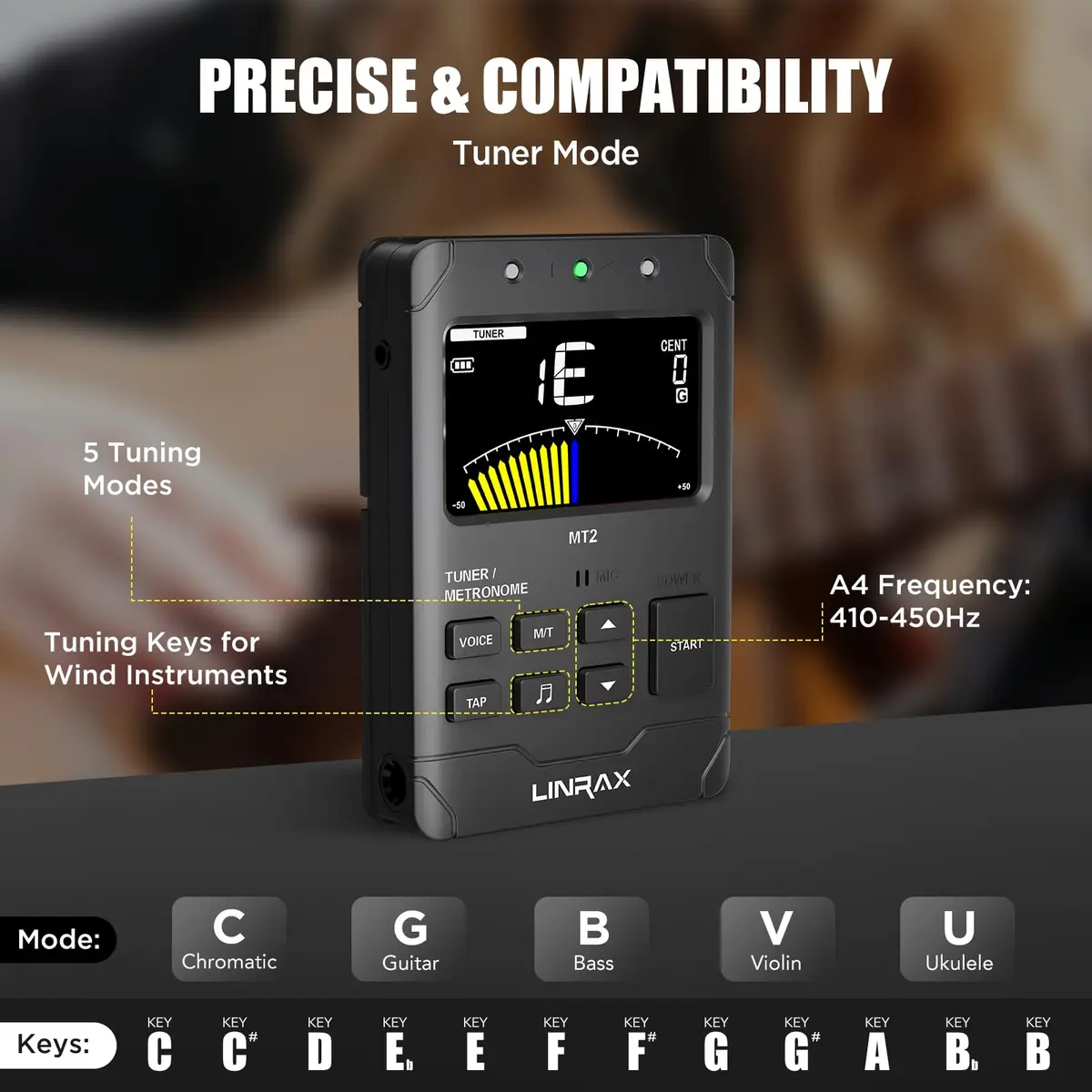 Linrax MT2 Rechargeable Metronome Tuner 3-in-1 | Chromatic Tuner for All Instruments - view 3