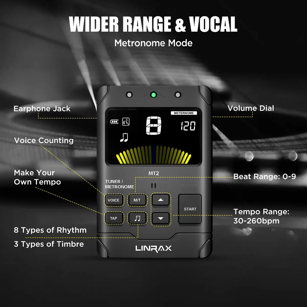 Linrax MT2 Rechargeable Metronome Tuner 3-in-1 | Chromatic Tuner for All Instruments - view 4